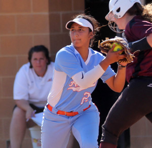 Angelina College second baseman Shay Vegas (23) takes the throw at first after a bunt attempt during Monday’s doubleheader with Bossier Parish at Roadrunner Complex. The Lady Roadrunners swept the Lady Cavs, taking a 7-0 shutout in the opener and a 5-4, walk-off win in eight innings in the nightcap.