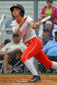 Angelina College’s Bryli Lee connects for a three-run homer against Lamar State College-Port Arthur during Thursday’s game in Houston. The No. 12 Lady Roadrunners advanced to the second round of the Region XIV Conference Tournament with a 9-1 win in six innings. (Photo by Gary Stallard)