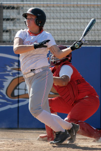 Angelina College’s Kayla Boucher watches her solo homer leave the park during the fifth inning of the No. 15 Lady Roadrunners’ 4-2 win over Trinity Valley. The Lady Roadrunners dropped the opener 1-0 Monday at Roadrunner Complex. (Photo by AC News Service)