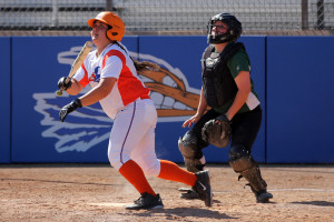 Angelina College’s Taylor Davis rocks her second homer of the game during Wednesday’s nightcap of a doubleheader against Paris College. Davis’ homer set the new program season homer record, and the No. 12 Lady Roadrunners swept the Lady Dragons 8-0 and 12-8 at Roadrunner Complex in Lufkin. (Photo by AC News Service)
