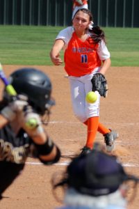 Angelina College pitcher Whitney Howerton delivers to a Tyler College hitter during Saturday’s game at Roadrunner Complex. Howerton held the No. 1 Lady Apaches to a single run in AC’s 2-1 win in the opener. Tyler salvaged a split with a 6-3 win in the nightcap. (Photo: Gary Stallard)