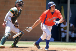 Cort McPherson of Angelina College leans into his two-run homer in the opener of Saturday’s doubleheader against Paris College. The Roadrunners clinched the East Zone’s third seed with a 7-5, 15-9 sweep at Roadrunner Field. (AC Press photo by Gary Stallard) 