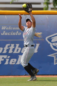 Angelina College left fielder Jynelle Pangelinan makes a catch against the wall during Saturday’s Region XIV Conference Tournament game in Houston. Tyler College eliminated the Lady Roadrunners with a 4-2 win to end AC’s season. (AC Press photo by Gary Stallard)