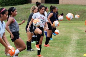 Members of the Angelina College Lady Roadrunner soccer team work on drills during the program’s first-ever practice session held Monday on the AC campus. The Lady Roadrunners and Roadrunners open their inaugural season Thursday with a pre-season doubleheader at the University of Houston-Victoria. (AC Press photo by Gary Stallard)