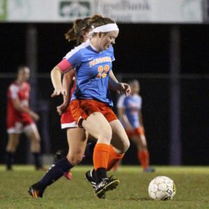Angelina College defender Lauren Voss diverts an opposing attacker during a recent game. The Lady Roadrunners, having qualified for the conference tournament, look to improve seeding in Saturday’s regular-season finale against Navarro College. Kickoff is 5:30 p.m. at Jase Magers Field at Lufkin High School. (AC Press photo/Gary Stallard)