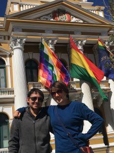 Chris Rudd, left, and his wife Miranda stand in from of the capitol building in La Paz, Bolivia.