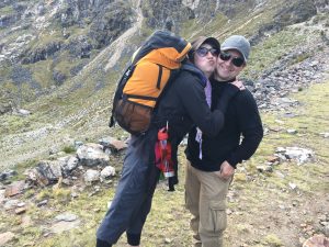 Miranda, Rudd, left, and her husband Chris take a photo before they begin a three day hike of the Takesi Trail and Inca Trail.