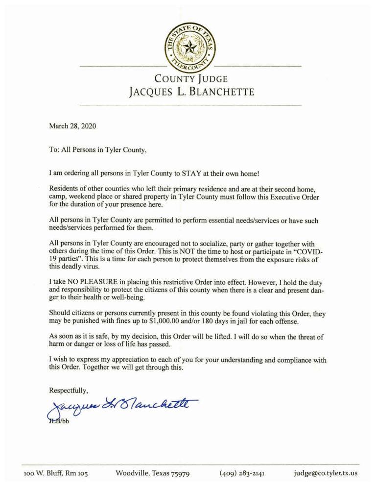 Tyler County Issues “Stay at Home”