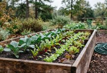 Still Time to Plant: A Fall Garden Guide for Forest Country Rows of young collards, chard and leaf lettuce in dark soil in a raised cedar garden bed on an early autumn morning.