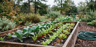 Still Time to Plant: A Fall Garden Guide for Forest Country Rows of young collards, chard and leaf lettuce in dark soil in a raised cedar garden bed on an early autumn morning.