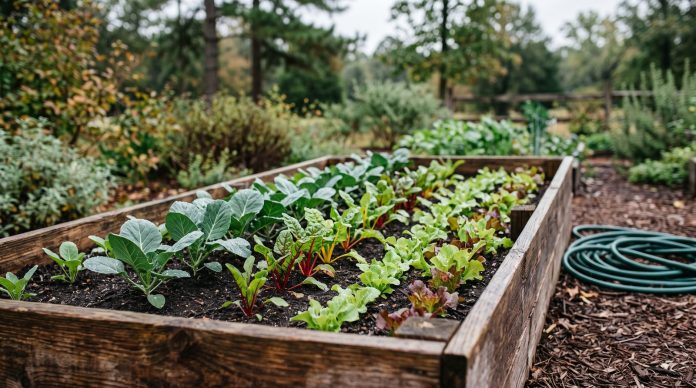 Fall greens in a raised bed Rows of young collards, chard and leaf lettuce in dark soil in a raised cedar garden bed on an early autumn morning.