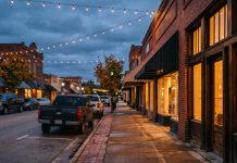 Happening in Forest Country: September 24 – October 4 Brick storefronts glowing under string lights on a small East Texas main street at blue hour.