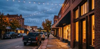 Happening in Forest Country: September 24 – October 4 Brick storefronts glowing under string lights on a small East Texas main street at blue hour.