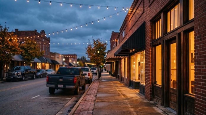 Small town main street at dusk Brick storefronts glowing under string lights on a small East Texas main street at blue hour.