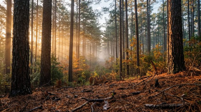 Low autumn sun cutting through a stand of loblolly pines over a floor of pine straw in the East Texas pineywoods.