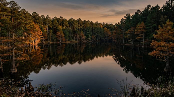 A calm East Texas lake reflecting a treeline of pine and rust-colored bald cypress in late afternoon autumn light.