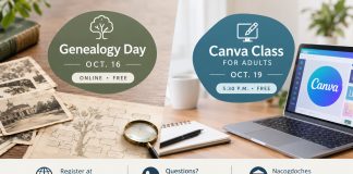 Nacogdoches Library Has A Free Genealogy Day Oct. 16 and A Canva Class Oct. 19